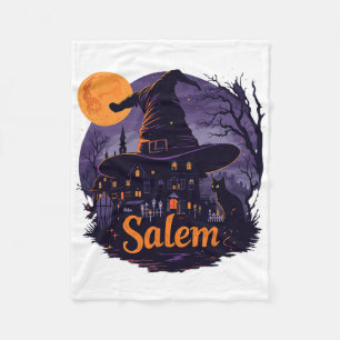 Vintage Salem Machusetts Halloween Skyline Citysca Fleece Blanket