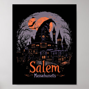Vintage Salem Machusetts Halloween Skyline Citysca Poster