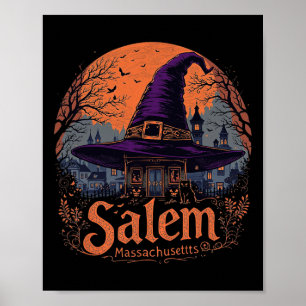 Vintage Salem Machusetts Halloween Skyline Citysca Poster