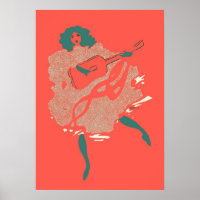 Vintage Salmon Teal Guitar Woman Musician Bold