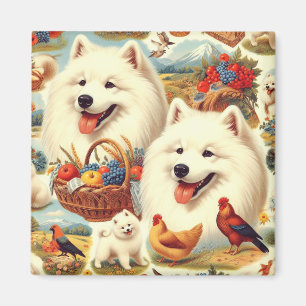 Vintage Samoyed Dog Illustration Magnet