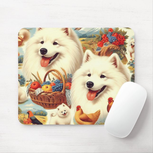 Vintage Samoyed Dog Illustration Mouse Pad (With Mouse)