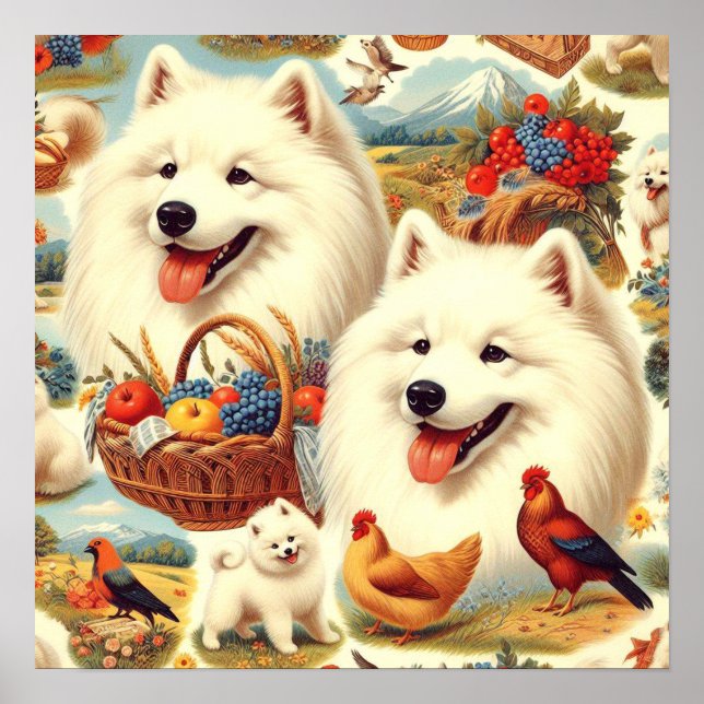 Vintage Samoyed Dog Illustration Poster (Front)