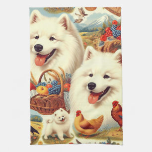Vintage Samoyed Dog Illustration Tea Towel