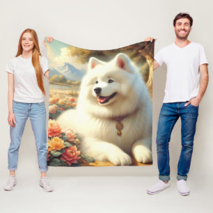 Vintage Samoyed Dog Painting Fleece Blanket