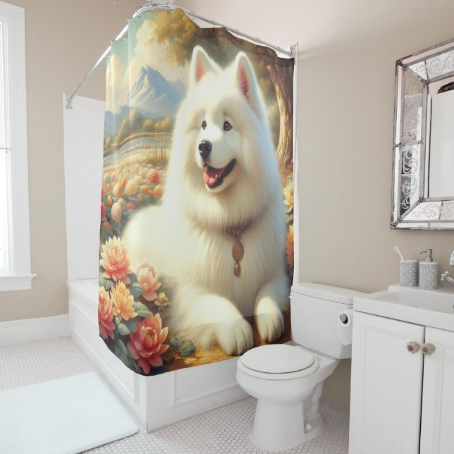 Vintage Samoyed Dog Painting Shower Curtain (In Situ)