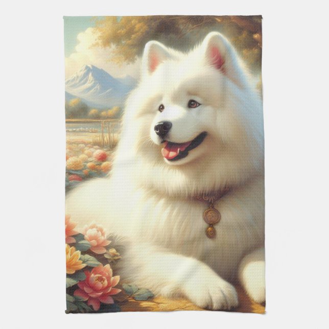 Vintage Samoyed Dog Painting Tea Towel (Vertical)