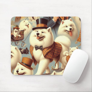 Vintage Samoyed Dog Seamless Painting Mouse Pad