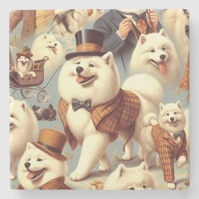 Vintage Samoyed Dog Seamless Painting Stone Coaster (Front)