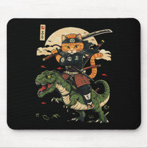 Vintage Samurai Cat Dinosaur Japanese Art Graphic Mouse Pad