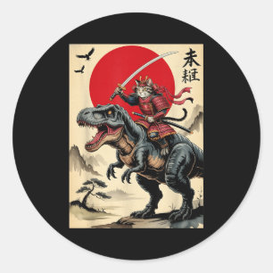 Vintage samurai cat riding dinosaur japanese cat classic round sticker
