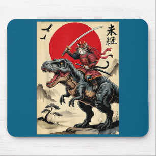 Vintage samurai cat riding dinosaur japanese cat mouse pad