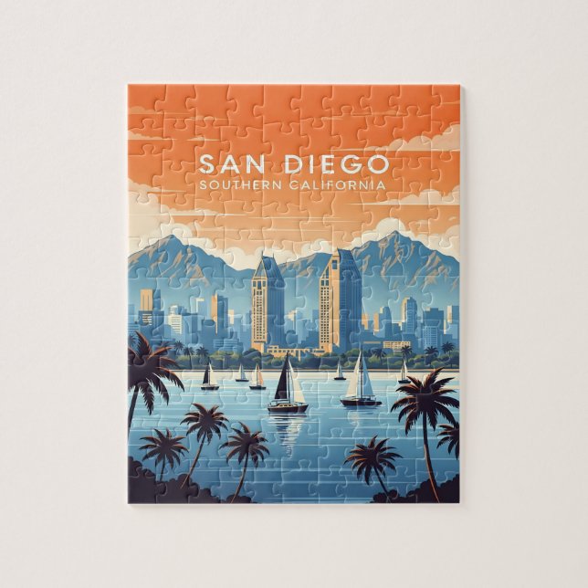 Vintage San Diego skyline with sailboats Jigsaw Puzzle (Vertical)