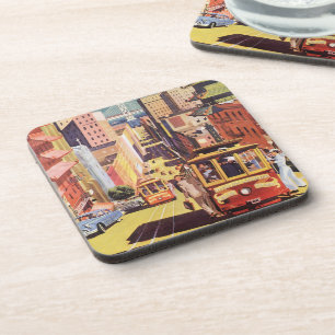 Vintage San Francisco Cable Cars Travel Poster Art Coaster