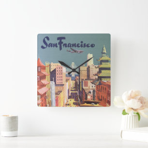 Vintage San Francisco Cable Cars Travel Poster Art Square Wall Clock