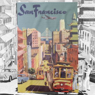 Vintage San Francisco Cable Cars Travel Poster Art Tea Towel