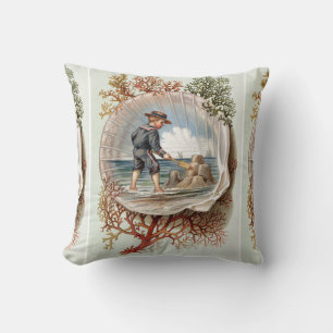 Vintage Sandcastle Little Boy Beach Scene Cushion