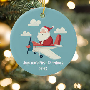 Vintage Santa Aeroplane Clouds Boy First Christmas Ceramic Ornament