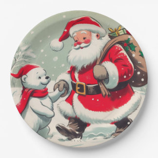 Vintage Santa and Bear Christmas Paper Plates