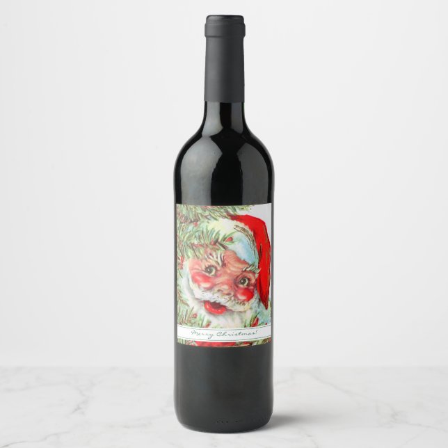 Vintage Santa and Christmas Tree  Wine Label (Front)