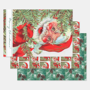 Vintage Santa and Christmas Tree Wrapping Paper Sheet
