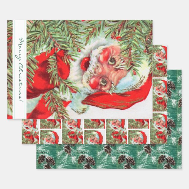 Vintage Santa and Christmas Tree Wrapping Paper Sheet (Set)