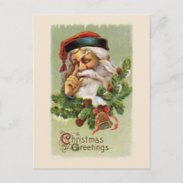 Vintage Santa and Evergreens Postcard (Front)