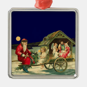 Vintage Santa and nativity scene Metal Ornament