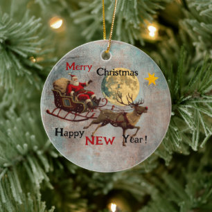 Vintage Santa And Reindeer Ceramic Ornament