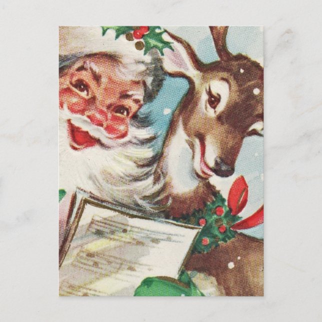 Vintage Santa and Reindeer Holiday Postcard (Front)