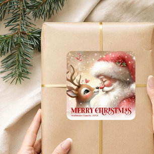 Vintage Santa and Rudolph Personalized Holiday Square Sticker