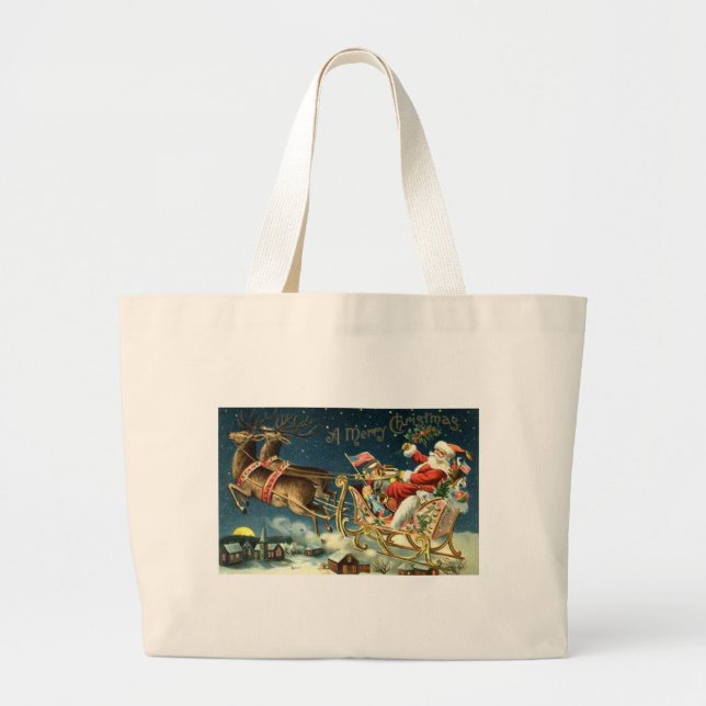 Vintage Santa and Sleigh Large Tote Bag (Front)
