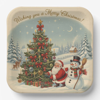 Vintage Santa and Snowman with Christmas Tree  Paper Plate