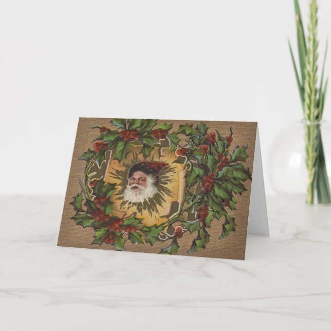 Vintage Santa Antique Holly Christmas Holiday Card (Front)