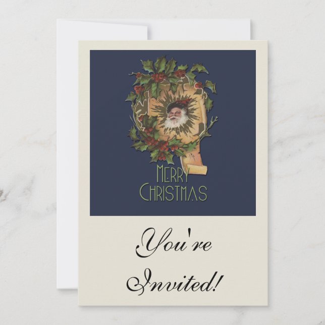 Vintage Santa Antique Holly Christmas Invitation (Front)