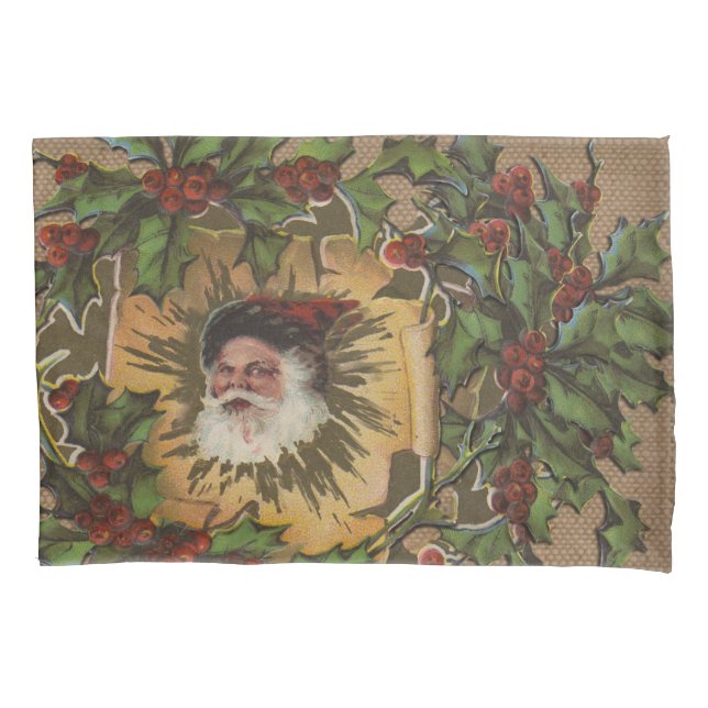 Vintage Santa Antique Holly Christmas Pillowcase (Front)