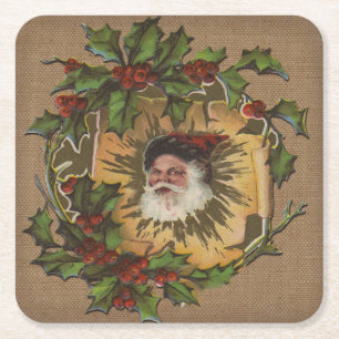 Vintage Santa Antique Holly Christmas Square Paper Coaster
