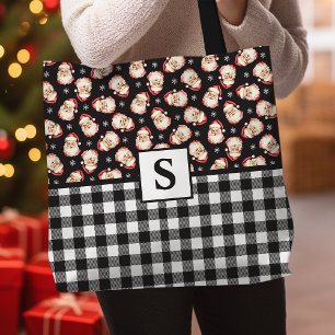 Vintage Santa Black Gingham Monogrammed Christmas Tote Bag