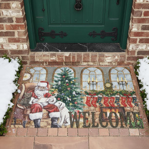 Vintage Santa by the Fireplace Christmas Rustic Doormat