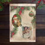 Vintage Santa, Children, Pine & Holly Decoupage Tissue Paper<br><div class="desc">Vintage old Father Christmas with sweet children bordered by Christmas pine,  holly and ornament with distressed script on grungy parchment background.</div>