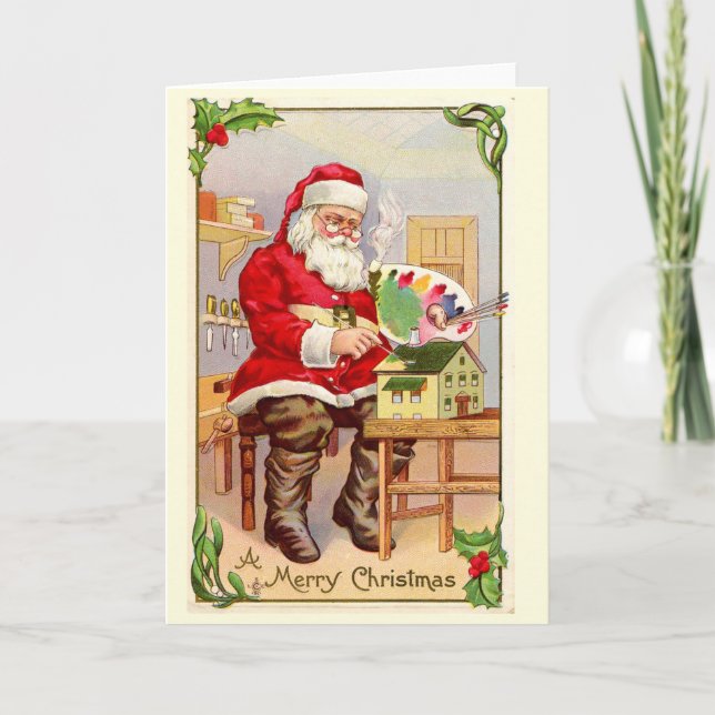 Vintage Santa Christmas card - Santa Painting (Front)