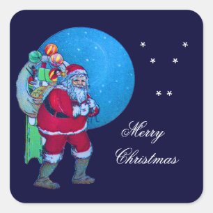 VINTAGE SANTA,CHRISTMAS SACK ,TOYS IN STARRY SKY SQUARE STICKER