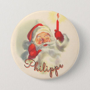 Vintage Santa Christmas Stocking Name Tag Button