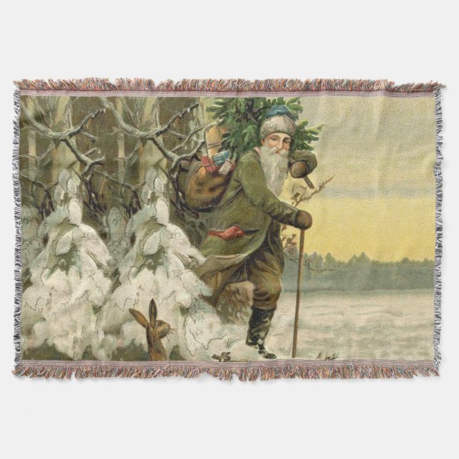 Vintage Santa Christmas Victorian Holiday Throw Blanket (Front)