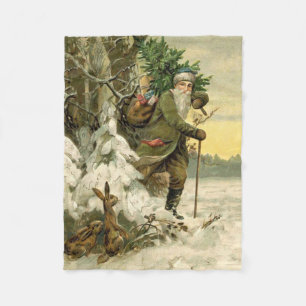 Vintage Santa Christmas Victorian Holiday Tree  Fleece Blanket
