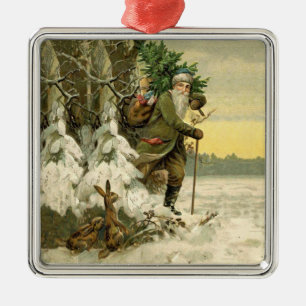 Vintage Santa Christmas Victorian Holiday Tree  Metal Ornament