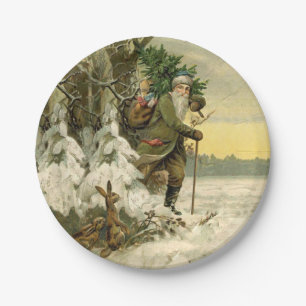 Vintage Santa Christmas Victorian Holiday Tree Paper Plate