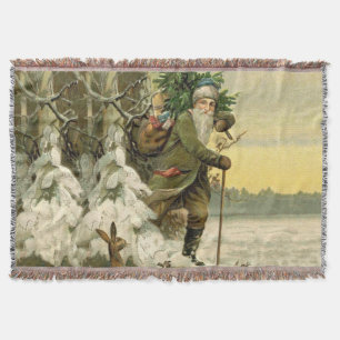Vintage Santa Christmas Victorian Holiday Tree  Throw Blanket