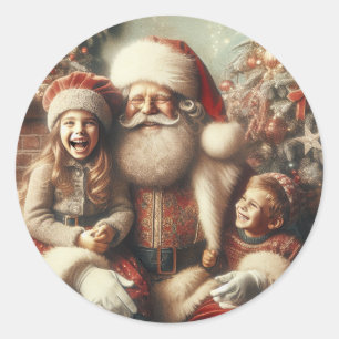 Vintage Santa Claus and Children Classic Round Sticker