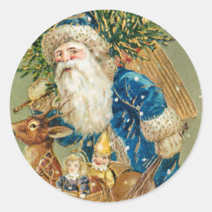 Vintage Santa Claus and Deer Christmas Holiday Classic Round Sticker